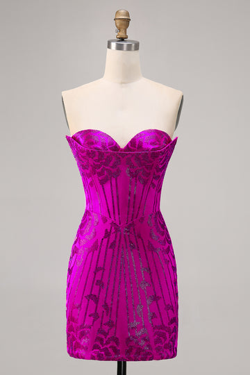 Strapless Fuchsia Beaded Bodycon Homecoming Dress